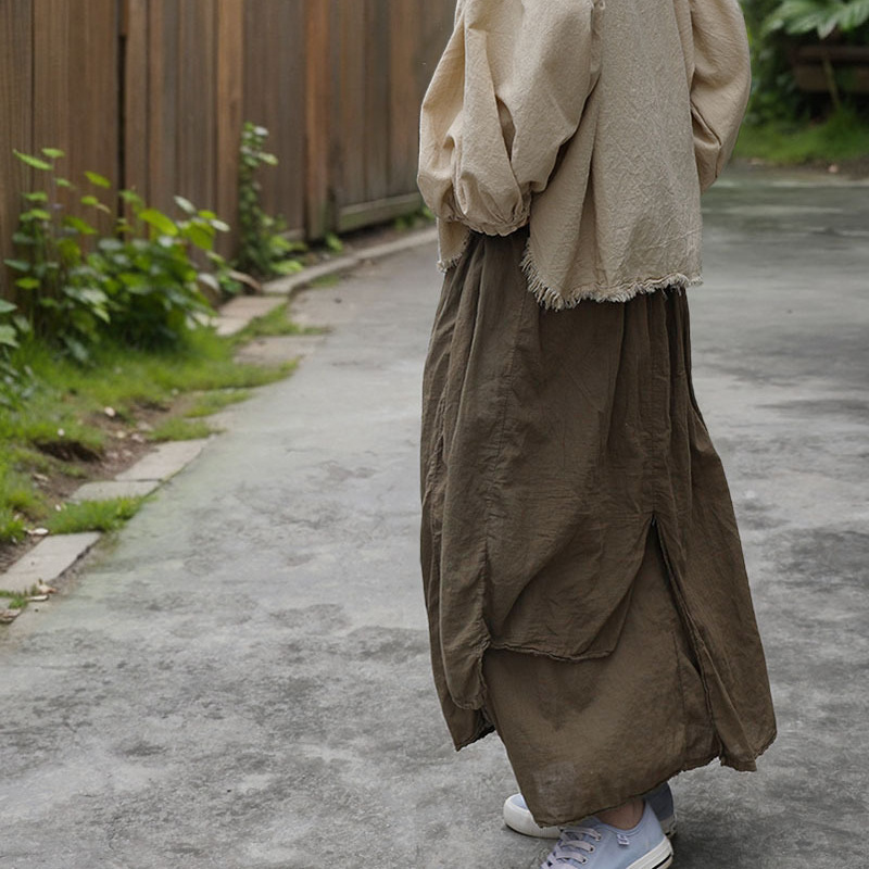 Shan Qiannian Yi Spring and Summer Simple Atmospheric Solid Color Women's Mid-Length Skirt Artistic Combed Cotton Double-Layer Piece Skirt