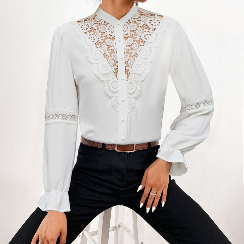 2024 cross-border autumn Amazon Europe and the United States new women's lace hollow long sleeve Joker shirt women's in stock