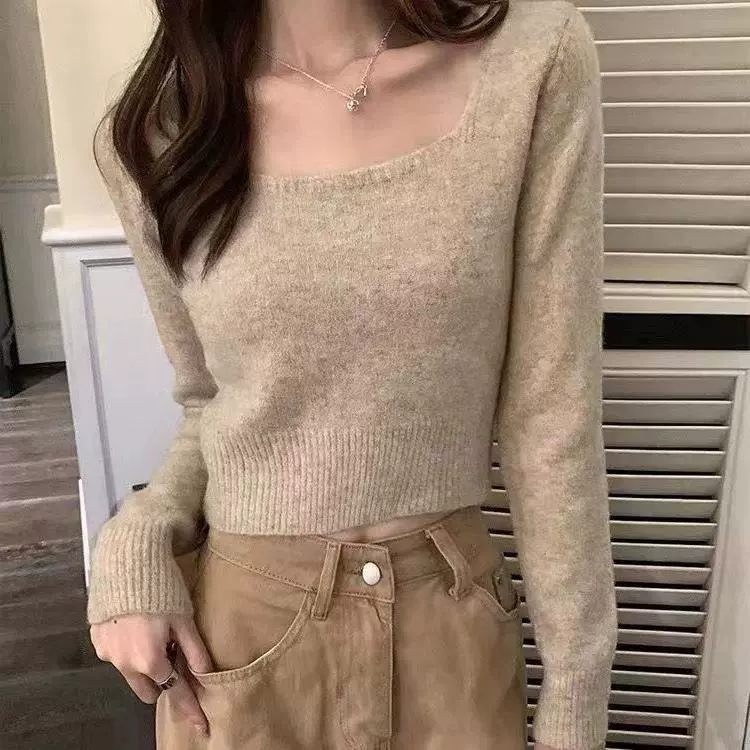 方领露锁骨软糯针织打底衫女2025秋冬季感毛衣套头内搭上衣女