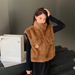 2025冬季FF新款️抽绳下摆拉链短款高领棉服休闲马甲毛绒气质百搭