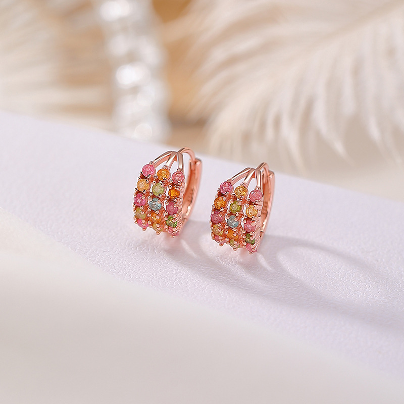Bông tai bạc S925 mạ vàng hồng đính tourmaline đơn giản tinh tế — Một cặp (màu tourmaline ngẫu nhiên)