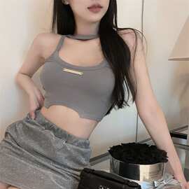 纯欲风不规则挂脖吊带小背心女夏季灰色辣妹紧身性感外穿内搭上衣