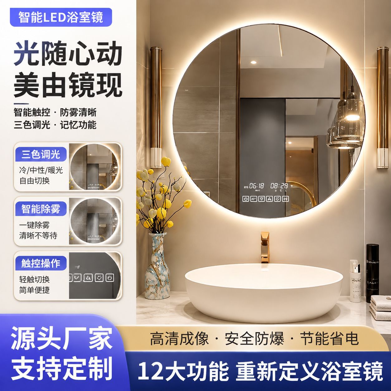 Espejo Inteligente LED Redondo para Baño de Vidrio Antiniebla Táctil para Hotel