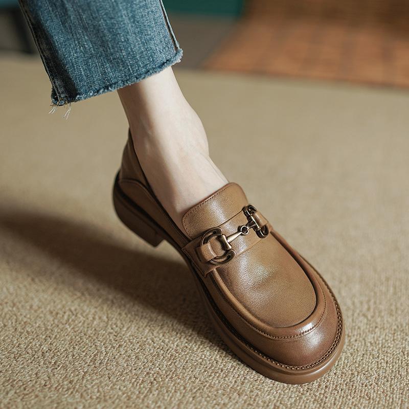 Soft Leather, Soft Sole, British-style Women's Leather Shoes, 2025 Spring And Autumn, Round Toe, Chunky Heel, Retro_voghion.com