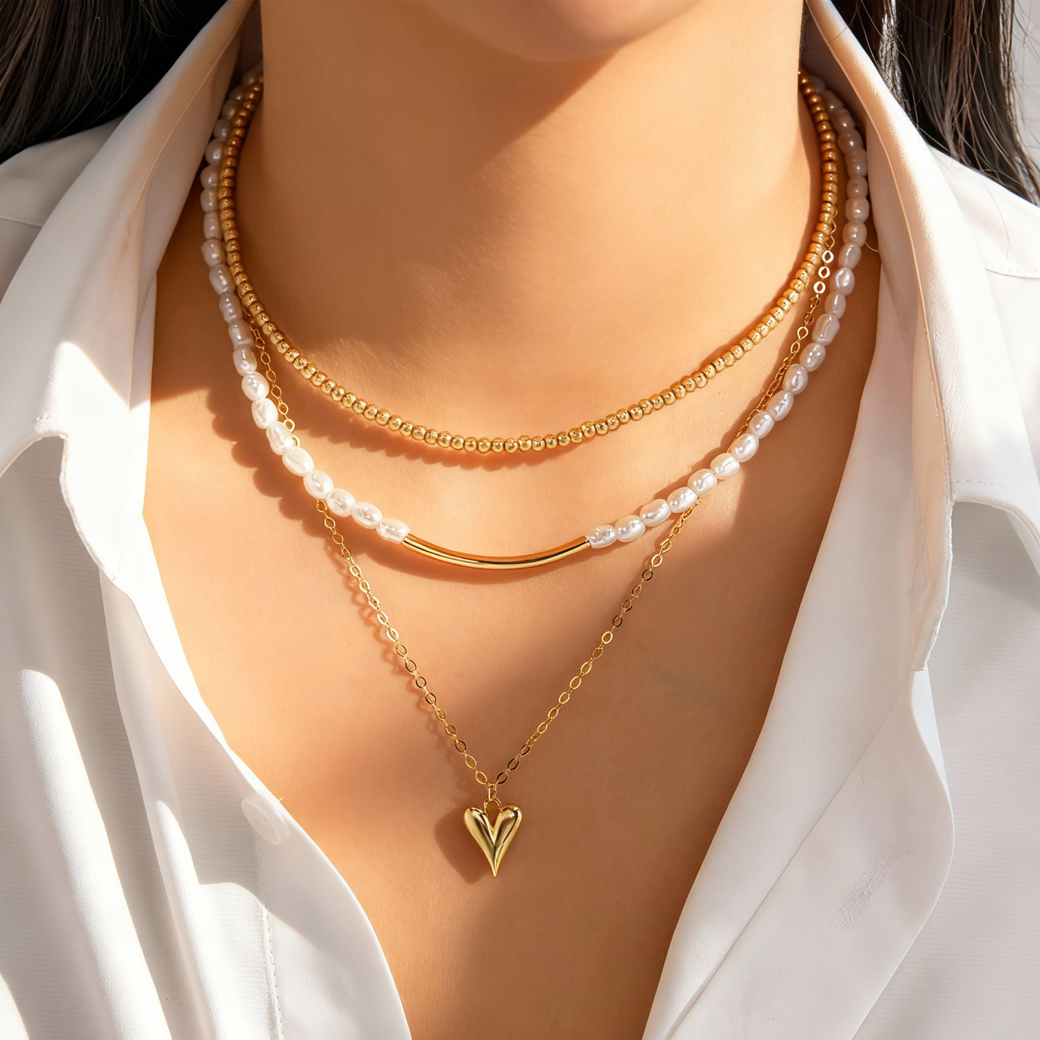日韩跨境新款爱心吊坠项链女 轻奢气质精致珍珠锁骨链高级感项饰