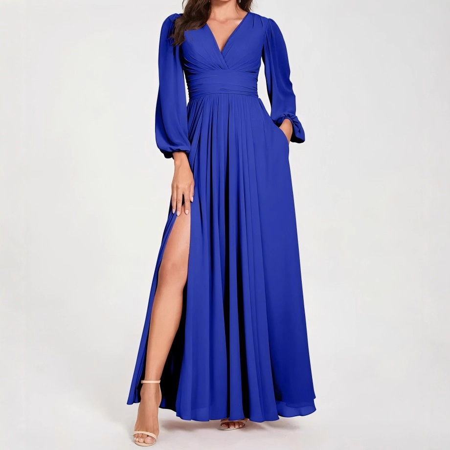 2025 Autumn and Winter European and American Cross-Border New Pure Color V-Neck Slit Long-Sleeved Pleated Elegant Women's Long Dress