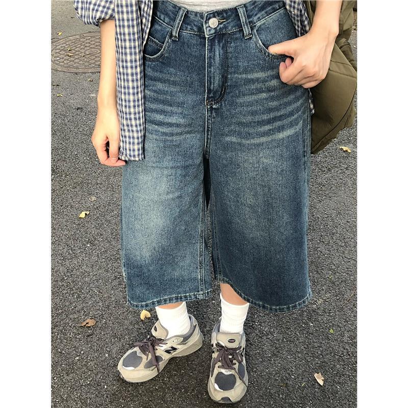 American Retro High Street Women's Jeans Summer 2025 New Chic High-Waisted Straight Wide-Leg Cropped Pants Mid-Length Pants