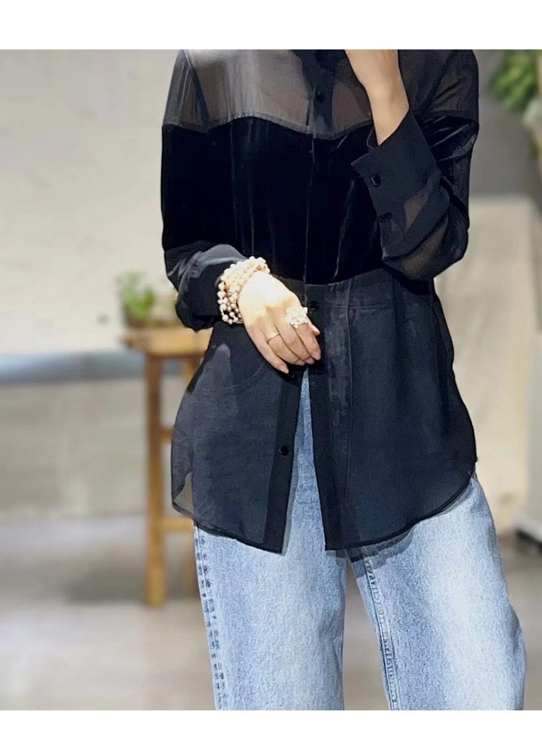 GraceChic GraceChic GraceChic Wom's Fashion Station 25 nuove camicette in velluto di seta patchwork in rete trasparente alla moda europea per_voghion.com