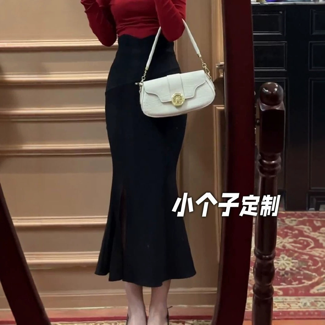 150小矮个子性感开叉半身裙女秋冬包臀鱼尾裙高腰弹力紧身中长裙