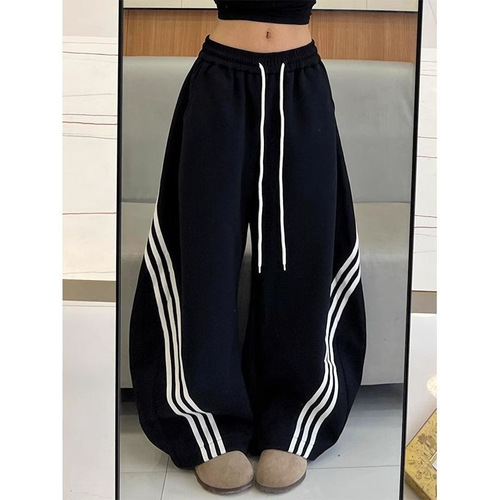 Large size 300kg, American retro striped machete wide-leg pants, women's spring and summer thin loose all-matching casual sweatpants
