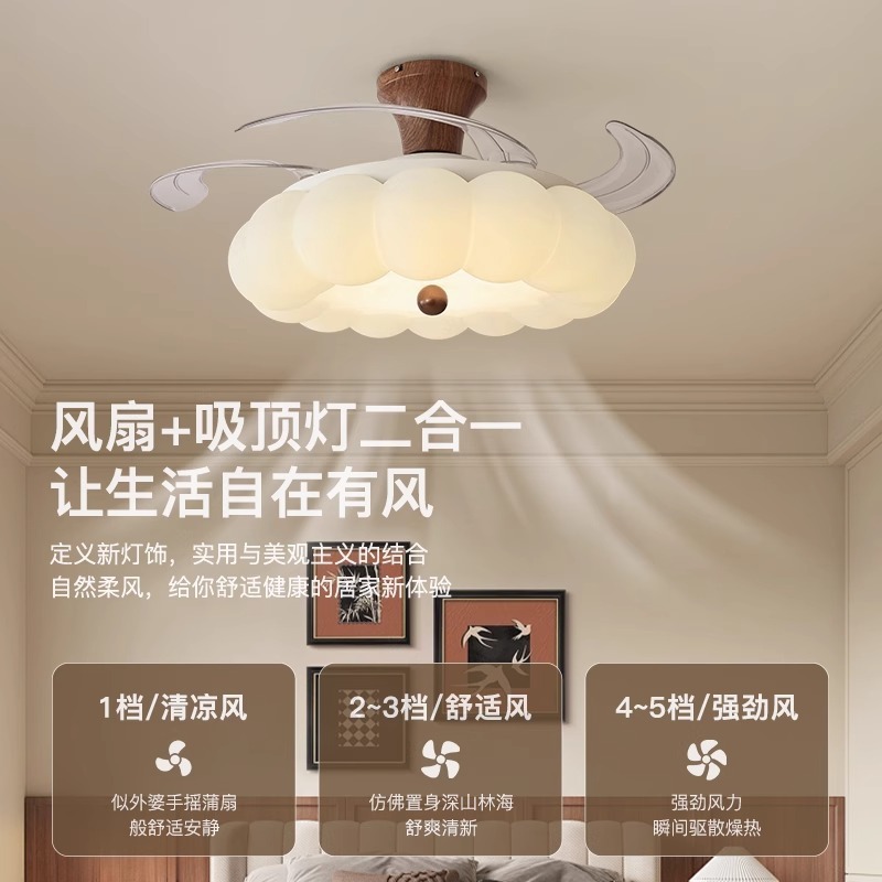 法式中古风卧室风扇灯新中式胡桃木色泡泡吊扇灯餐厅一体电风扇灯|undefined
