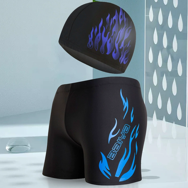 Плавки и шапочка для плавания, костюм для взрослых, мужские профессиональные принадлежности для плавания, трусы-боксеры с пламенным принтом, оборудование для купальника