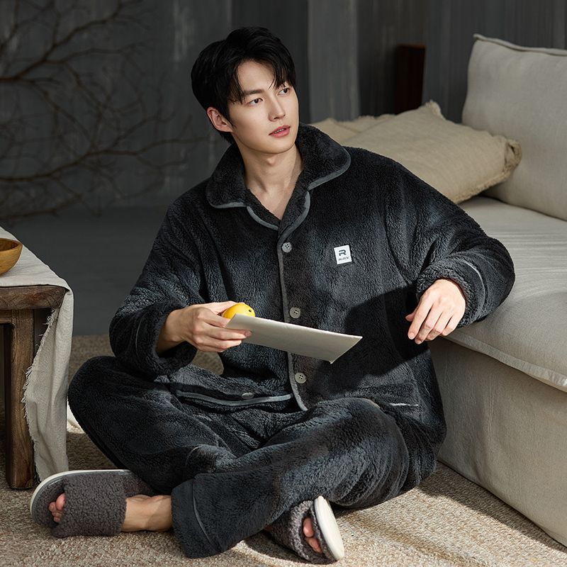 [Selección estricta] otoño y invierno de terciopelo de coral para hombres pijamas de abrigo de manga larga orquídea se pueden usar fuera