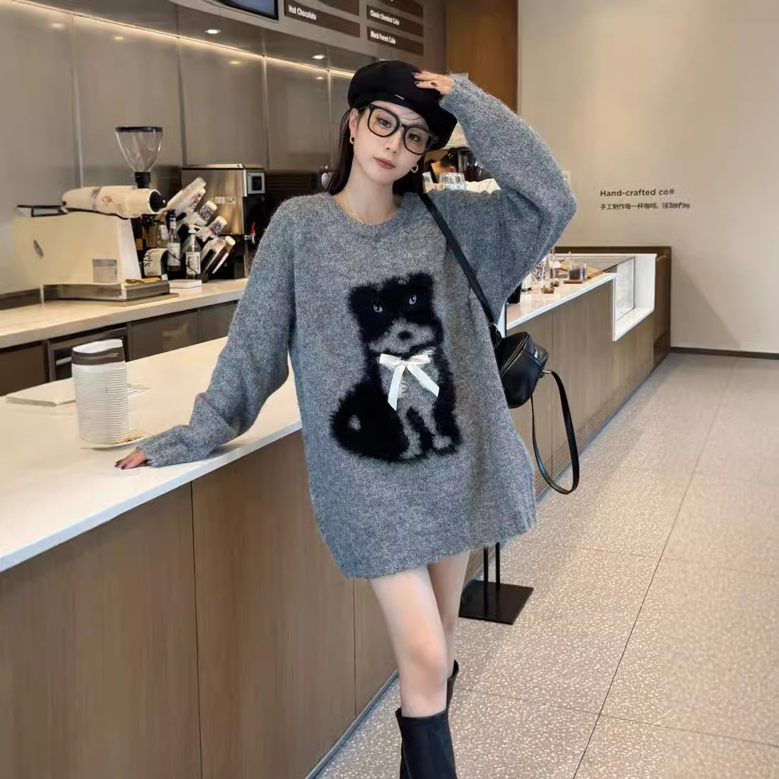 24 invierno Puyuan 2024 nuevo gatito lindo Jacquard peluche suéter de manga larga mujer otoño invierno