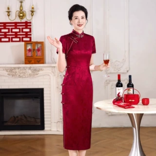 喜婆婆喜妈妈婚宴礼服高端醋酸提花旗袍酒红色国风小个子2026新款
