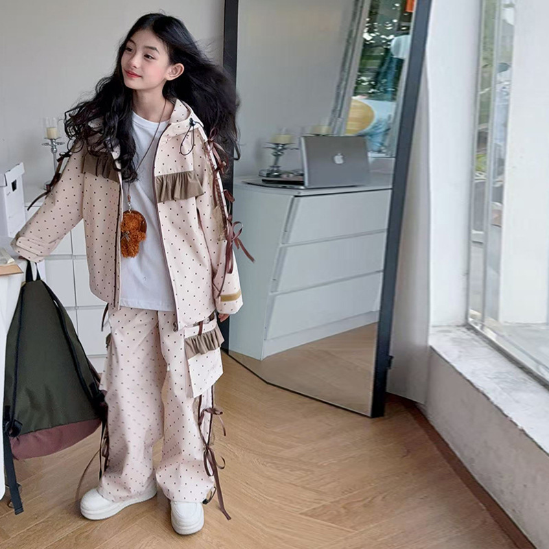 女童套装2025春秋装新款洋气中大童立体蝴蝶结波点外套工装裤两件|undefined