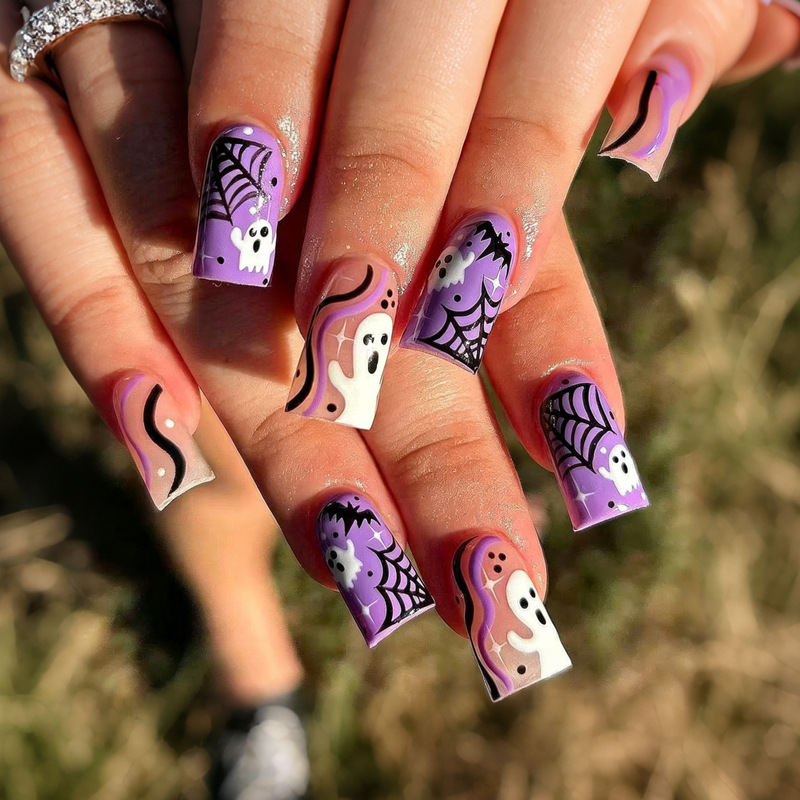 Halloween Light Purple Spider Web Ghost Cartoon White Ghost Wave Pattern Nail Pieces Reusable 24 Pieces Halloween Light Purple Spider Web Ghost Cartoon White Ghost Wave Pattern Nail Pieces Reusable 24 Pieces