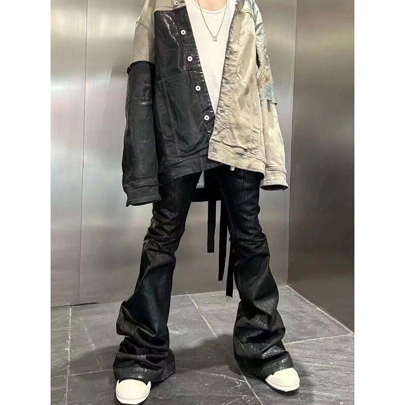 2025 Niche Dark Style Wax-Coated Pure Black High-Elastic Streamer Jeans Wide-Leg Slightly Flared Pants for Men