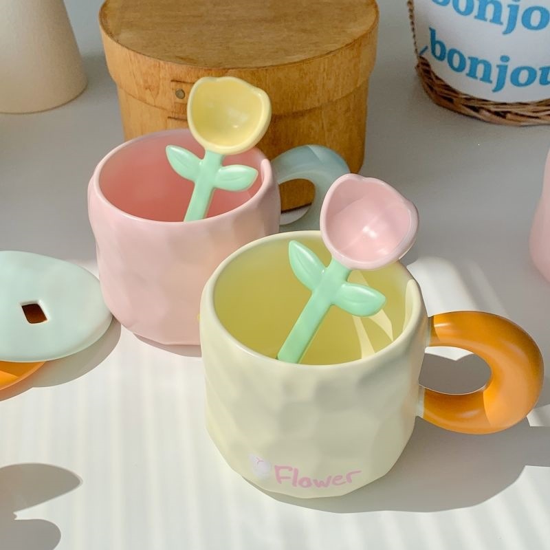 Milk fufu tulip spoon mug with lid, cute, suitable for both men and women, students, couples, milk cup, water cup set