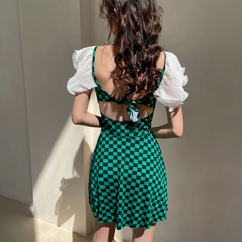 Traje de baño de una pieza de aguas termales de las mujeres a cuadros blanco y negro puro estilo ins sexy popular 2022 nuevo traje de baño