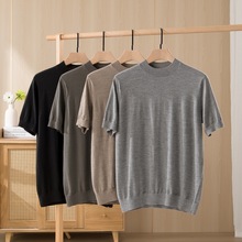 100纯羊绒68支精纺薄款男士半高领羊绒衫毛衣宽松休闲短袖针织衫