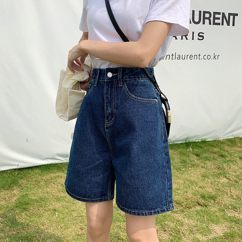 ハイウエストのデニムの半ズボンの女性の夏の薄い金のゆったりしている2023年の新型の広い足の5分のズボンはやせている大きいサイズのストレートの中でズボンを現します。