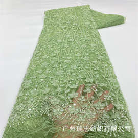 New arrival蓝色激光绣花面料 重工刺绣立体花朵婚纱礼服蕾丝布料