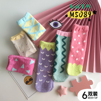 秋冬季新品6双宝宝儿童珊瑚绒袜子加厚可爱提花中筒袜子批发婴童