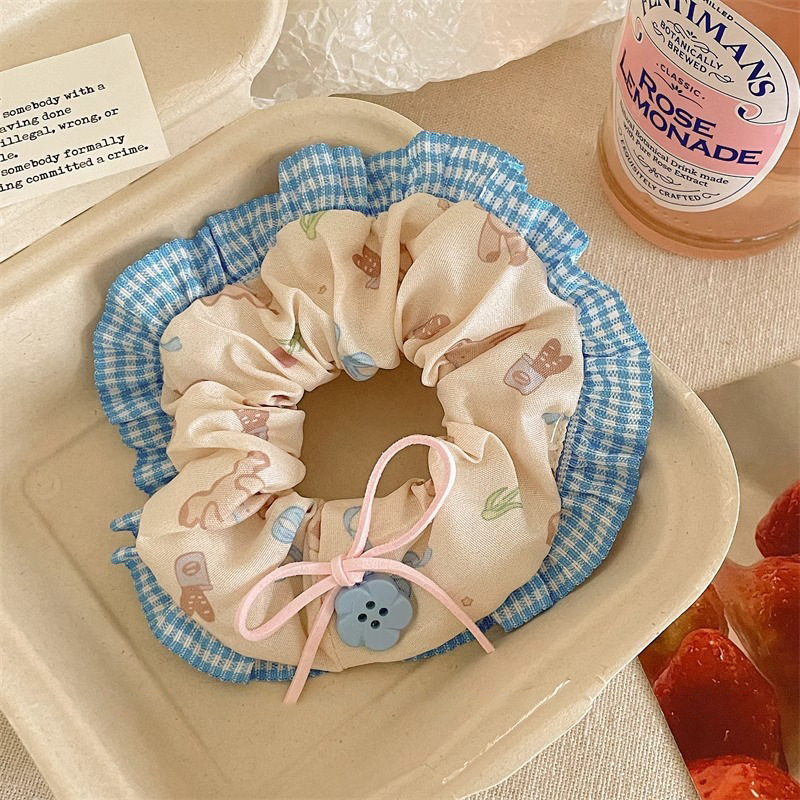韩系春夏蝴蝶结大肠发圈女款蕾丝碎花头绳粉色方巾大号发饰|undefined