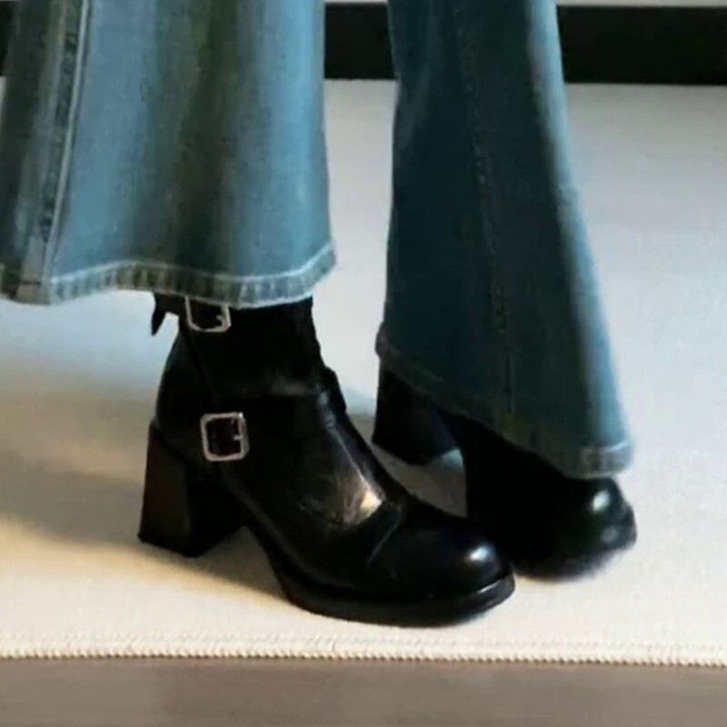 Sheepskin Version ~ 8cm French Retro Style Round-Toe Versatile Belt Buckle Short Boots with Chunky High Heels Fashion Boots Sheepskin Version ~ 8cm French Retro Style Round-Toe Versatile Belt Buckle Short Boots with Chunky High Heels Fashion Boots