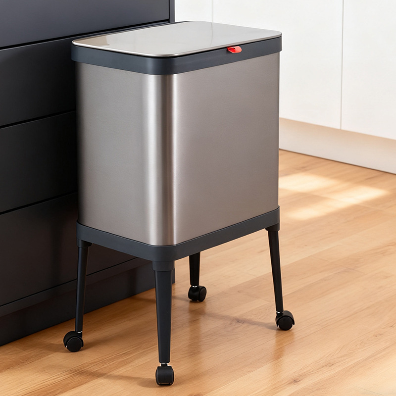 Carefully Selected Wheeled Tall Stainless Steel Square Trash Can for Home Kitchen with Lid, Movable Office Gap Storage Bin