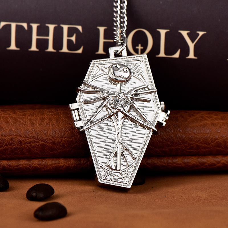 Thin chain Black silver skull imp coffin pocket watch classical pattern side black hair 1058