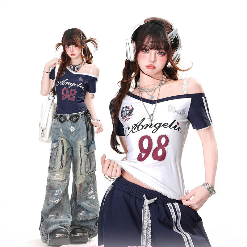 American Short-sleeved Lace T-shirt Women's Summer New Slim-fit Slimming Shoulder-exposed Spice Girls Short Top Trendy