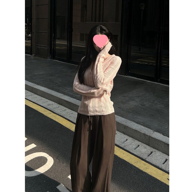 2025新款早秋时尚领毛织上衣女竖坑条螺纹镂空针织衫粉色其它|undefined