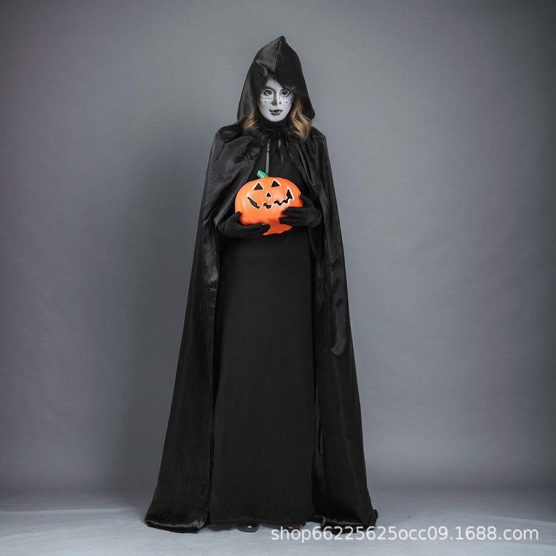 ハロウィンマントコスプレ大人子供黒中世魔術師ローブ死僧帽パフォーマンス|undefined
