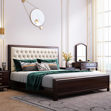 轻奢美式实木床1.8米双人主卧婚床真皮软包1.5卧室大床樱桃木