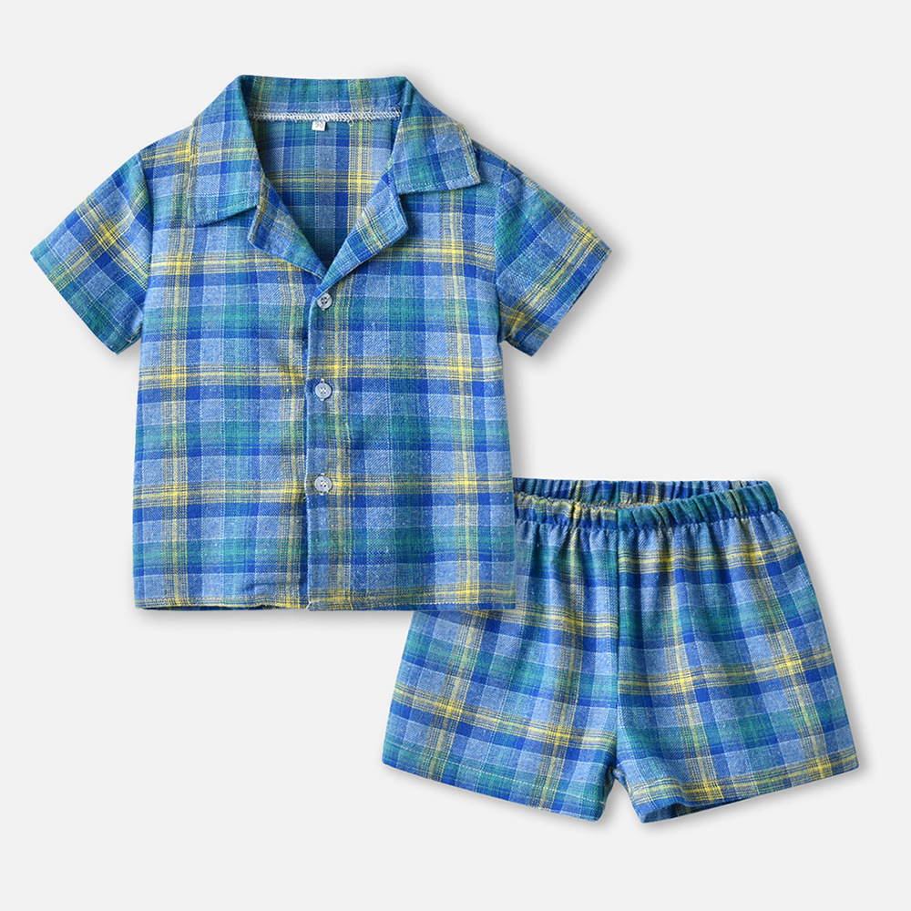 Nuevo producto traje de pijama 204 camisa de doble velo a cuadros de manga corta de verano pantalones cortos casuales ropa de hogar para niños niños