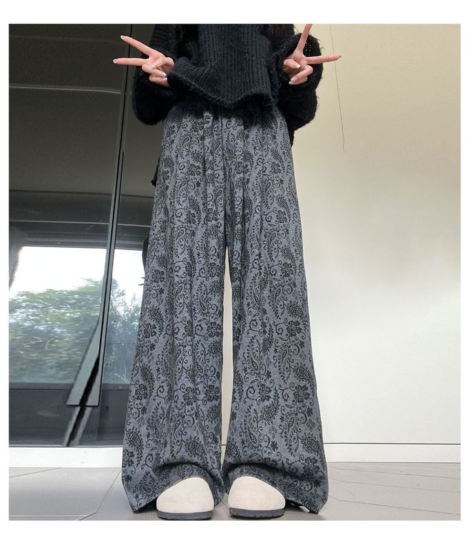韩系复古腰果花休闲裤女秋2025新款休闲松弛感宽松直筒印花阔腿裤|undefined