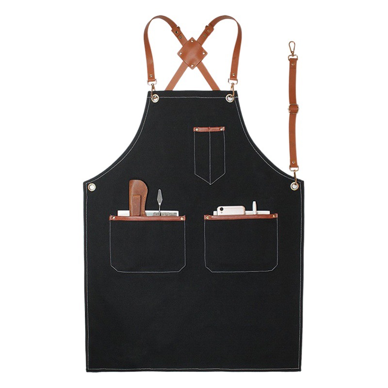 Denim delantal bolsillo tira de cuero decorativo creativo Correa overoles peluquero lona gruesa delantal por mayor