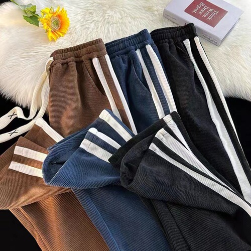 Men's Velour Track Pants for Autumn/Winter, Street Style, Draped, Trendy Brand, Straight Leg, Versatile Striped Casual Long Pants