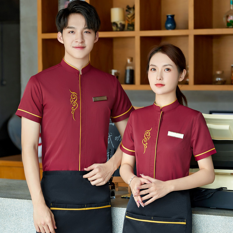 酒吧西餐厅饭店KTV咖啡厅短袖套装刺绣酒店男女服务员夏季工作服