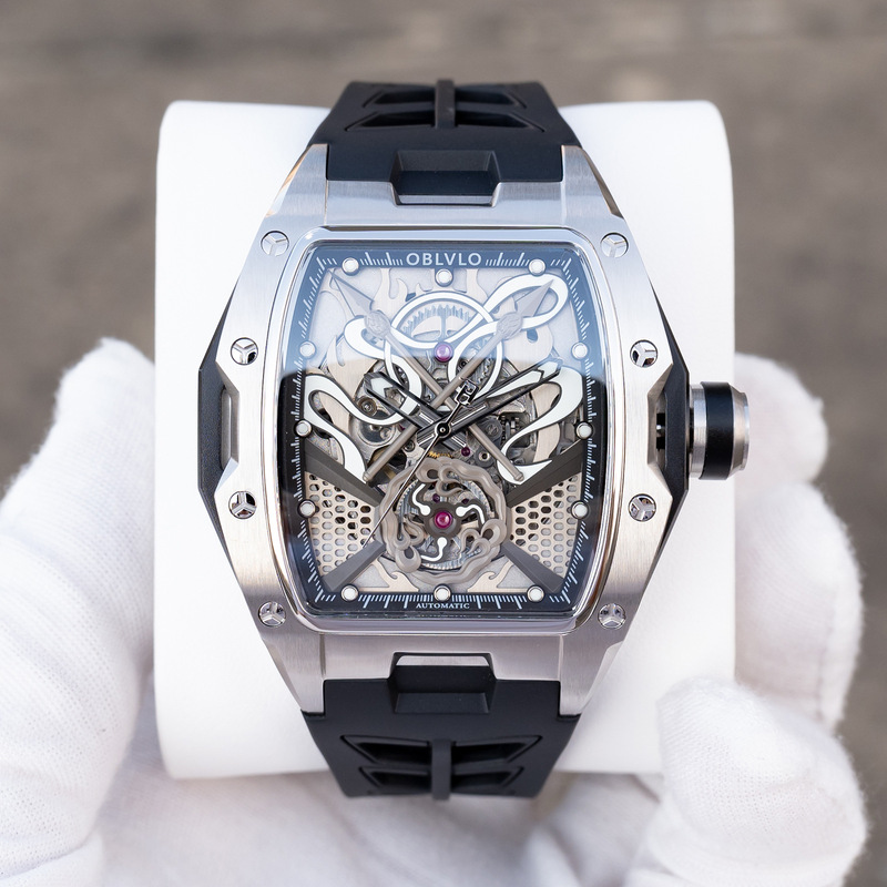 Oblvlo Men's Barrel Watch Cut Out Tourbillon Fully Automatic Mechanical Watch Fashion Trendy Men's Watch