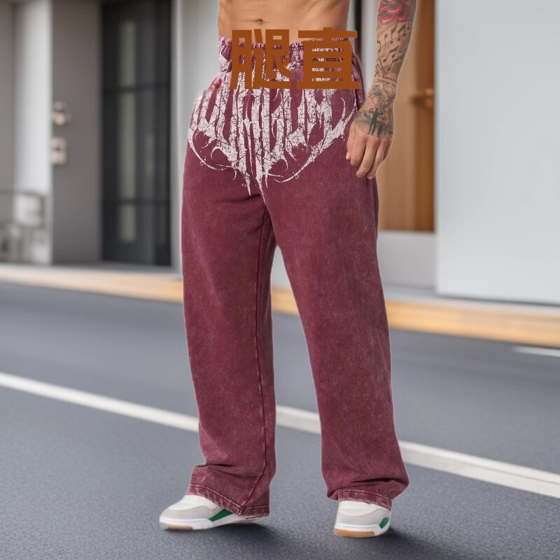 American Style New Men's Sports Pants Jogging Sports Muscle Fitness Cross-Border Casual Loose Printed Wide-Leg Drape Long Pants
