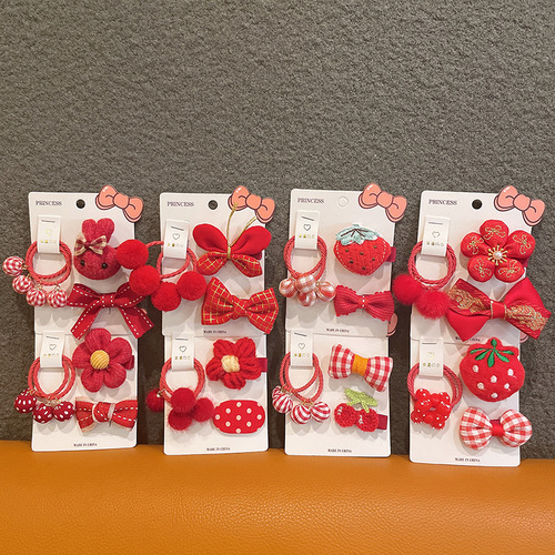 New Year's red festive children's cartoon hairpin with bow and flower edge clip for baby girl hair ball pair headband rubber band