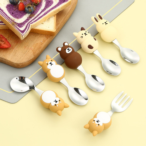 304 stainless steel spoon and fork cartoon cute baby learning to eat yogurt spoon baby going out portable children's tableware