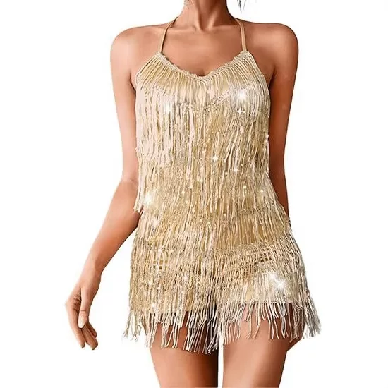 New Stage Performance Outfit for Women, Sequined Tassel Jumpsuit, Nightclub Dance Outfit, Shiny Backless Jumpsuit Dress