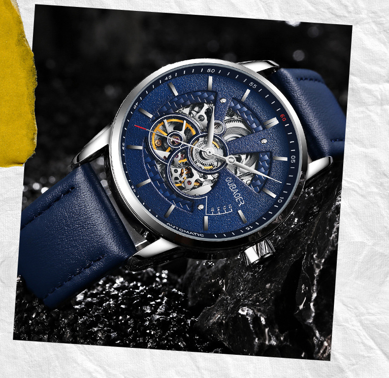 OUBAOER brand mechanical hollowed out waterproof leather watch with lare dial, fashionable and trendy watch, hot_voghion.com