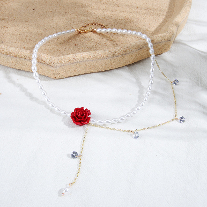 Beaded, Inlay Design Sweet Rose Flower Rhinestones Imitation Pearl Alloy Choker Wholesale