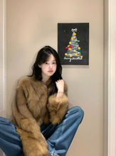 温柔慵懒风新款皮毛一体短外套女冬季新款长袖宽松金色仿皮草上衣