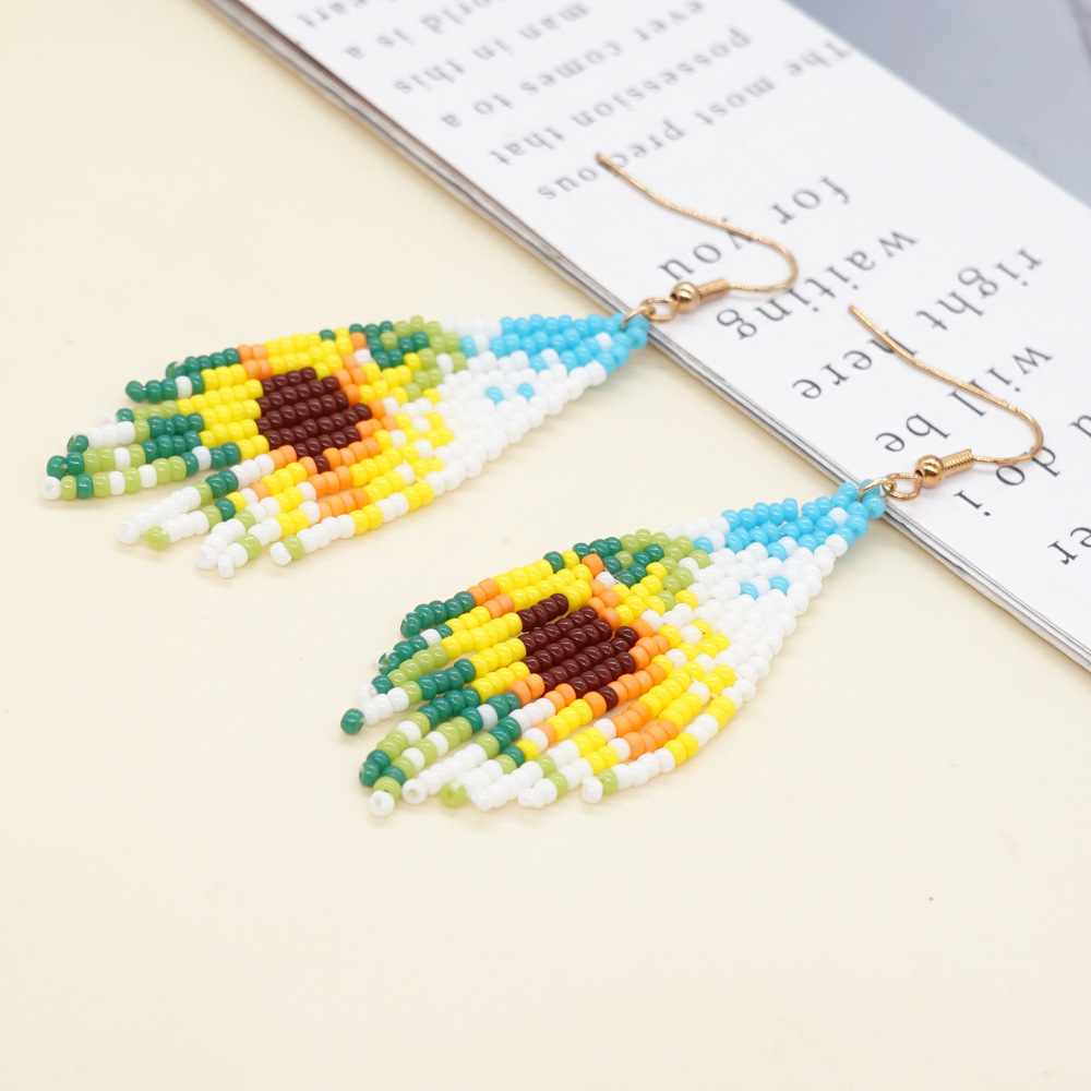 Retro Sunflower Glass Beaded Tassel Women's Drop Earrings 1 Pair display picture 4